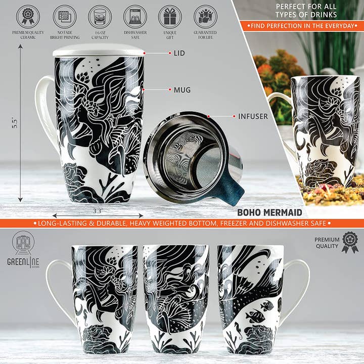 Greenline Goods - Wholesale Coffee Mug - Mermaid Coffee and Tea Mug With Ceramic Lid + Infuser (16oz)