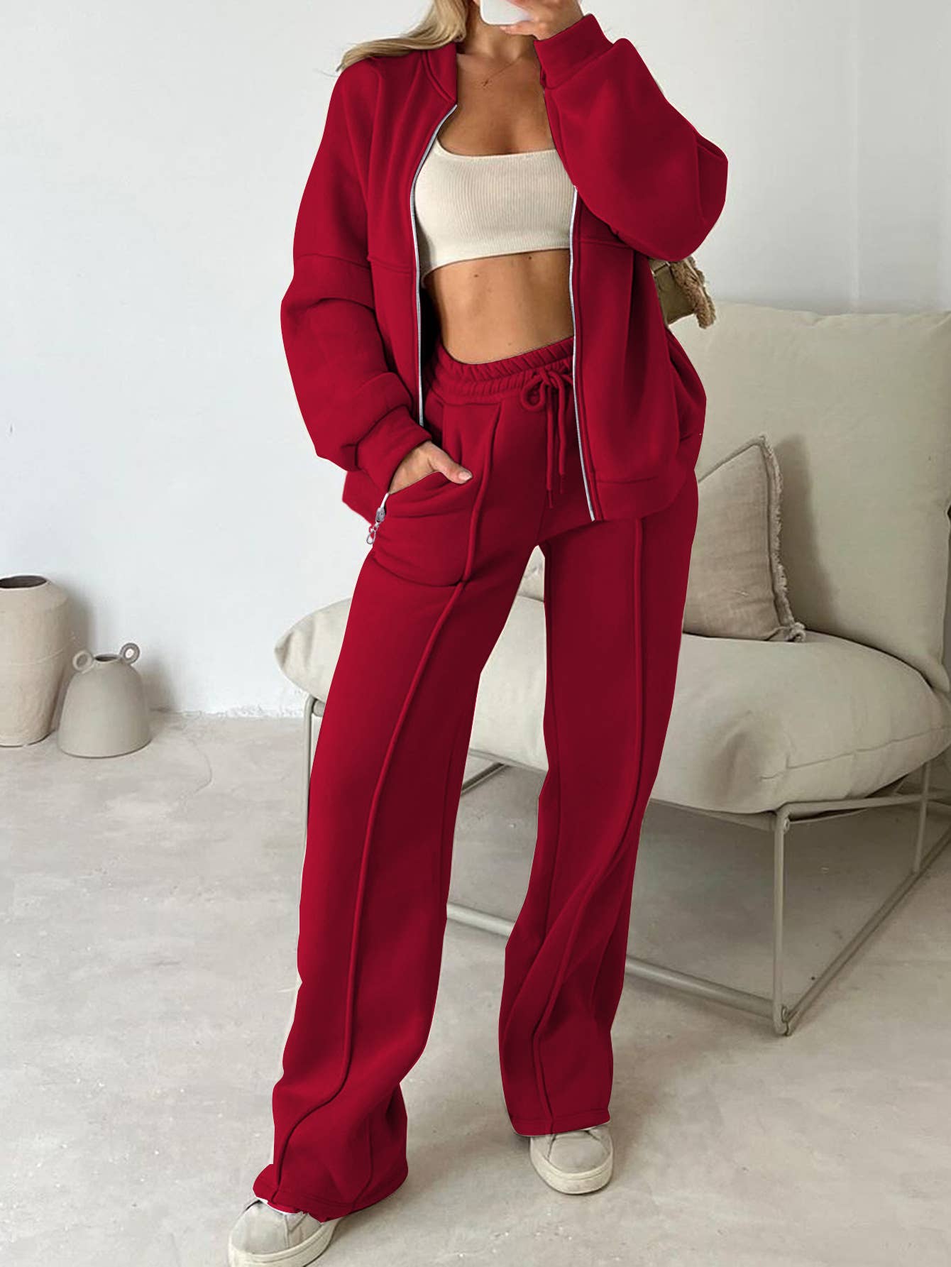 Rosa Clothing - Wholesale Top & Pant Set (NOT Loungewear) - Women's - Plain Exposed Seam Zip Up Long Sleeve Athleisure Set2