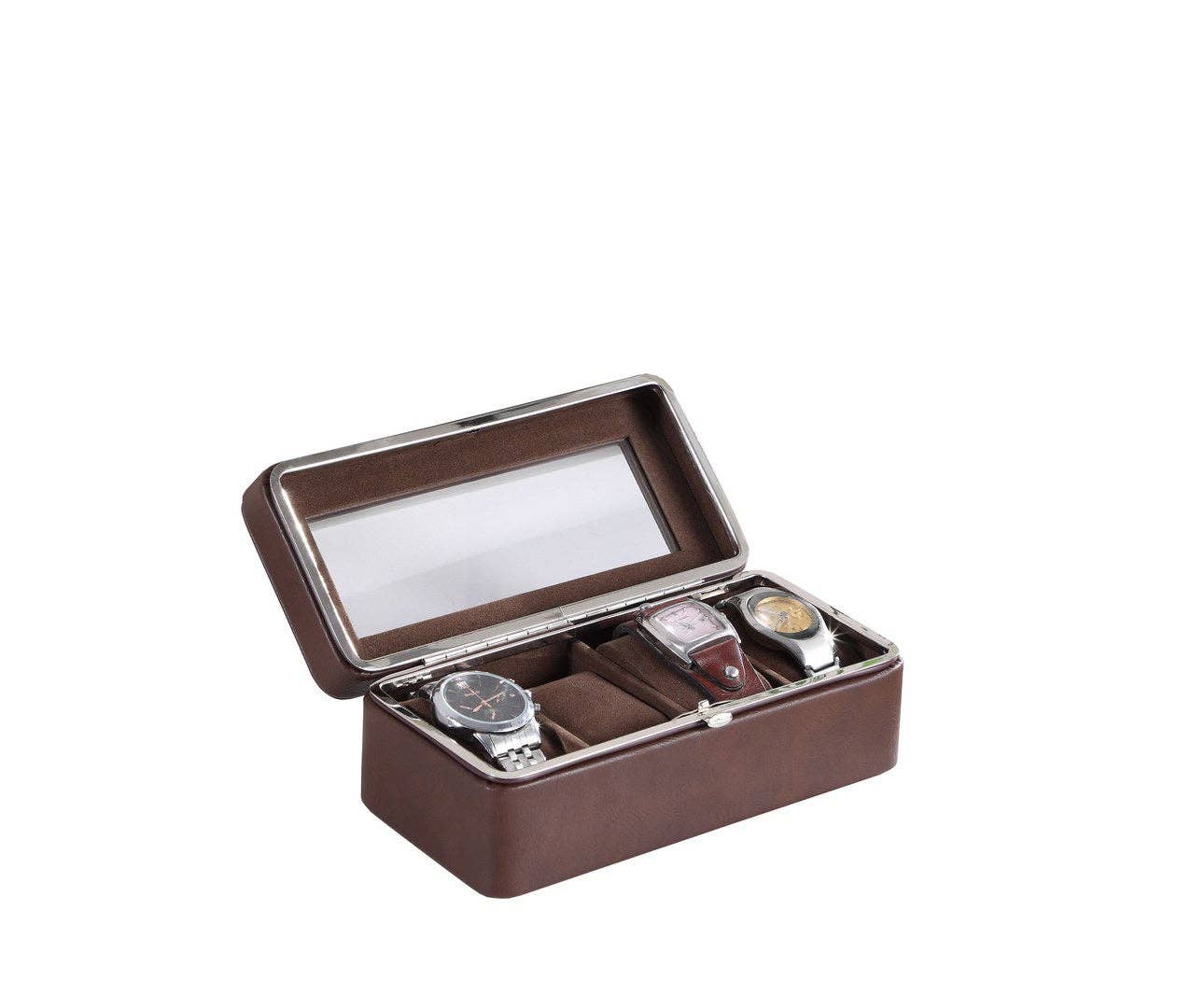 39F Inc. - Wholesale Jewelry Box/Organizer - 8in Brown Leather 4-Slot Watch Case with Glass Lid2