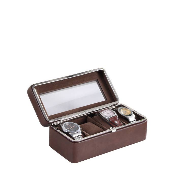 39F Inc. - Wholesale Jewelry Box/Organizer - 8in Brown Leather 4-Slot Watch Case with Glass Lid2