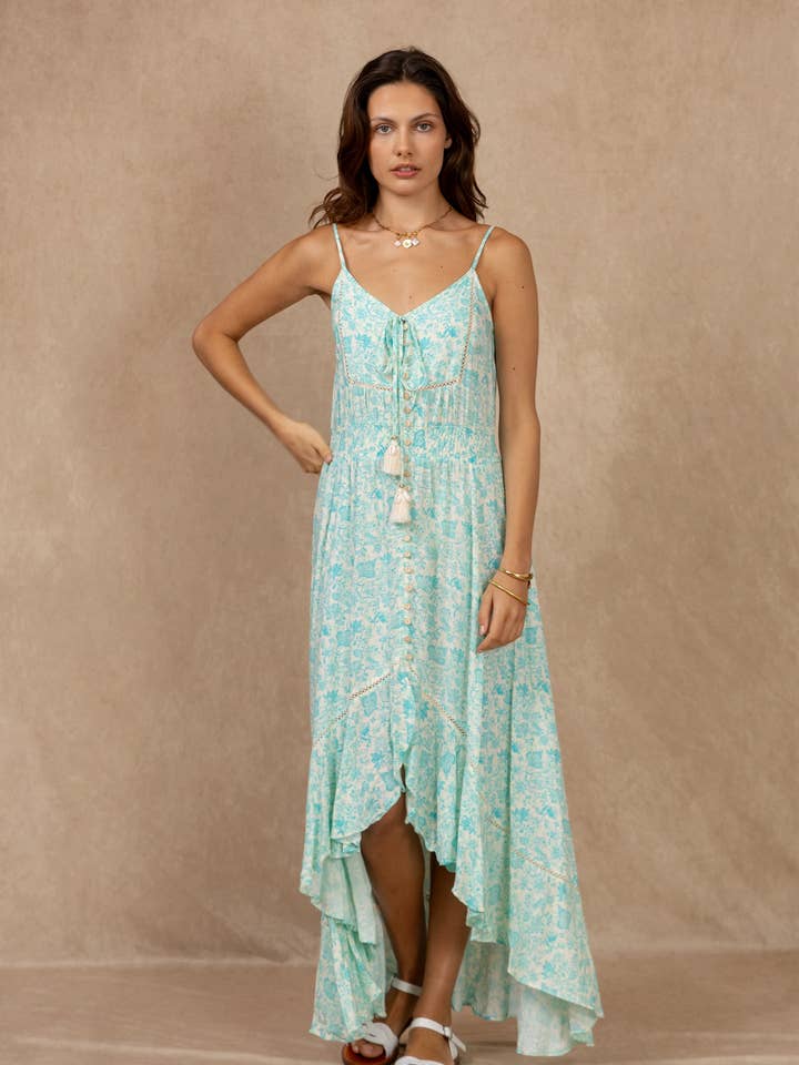 Long floral print tank dress, tied v-neck for wholesale by last queen