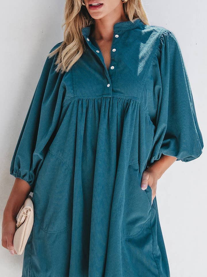 PRETTY BASH - Wholesale Dress - Women's - Solid Corduroy 3/4 Sleeve Snap Button Dress0