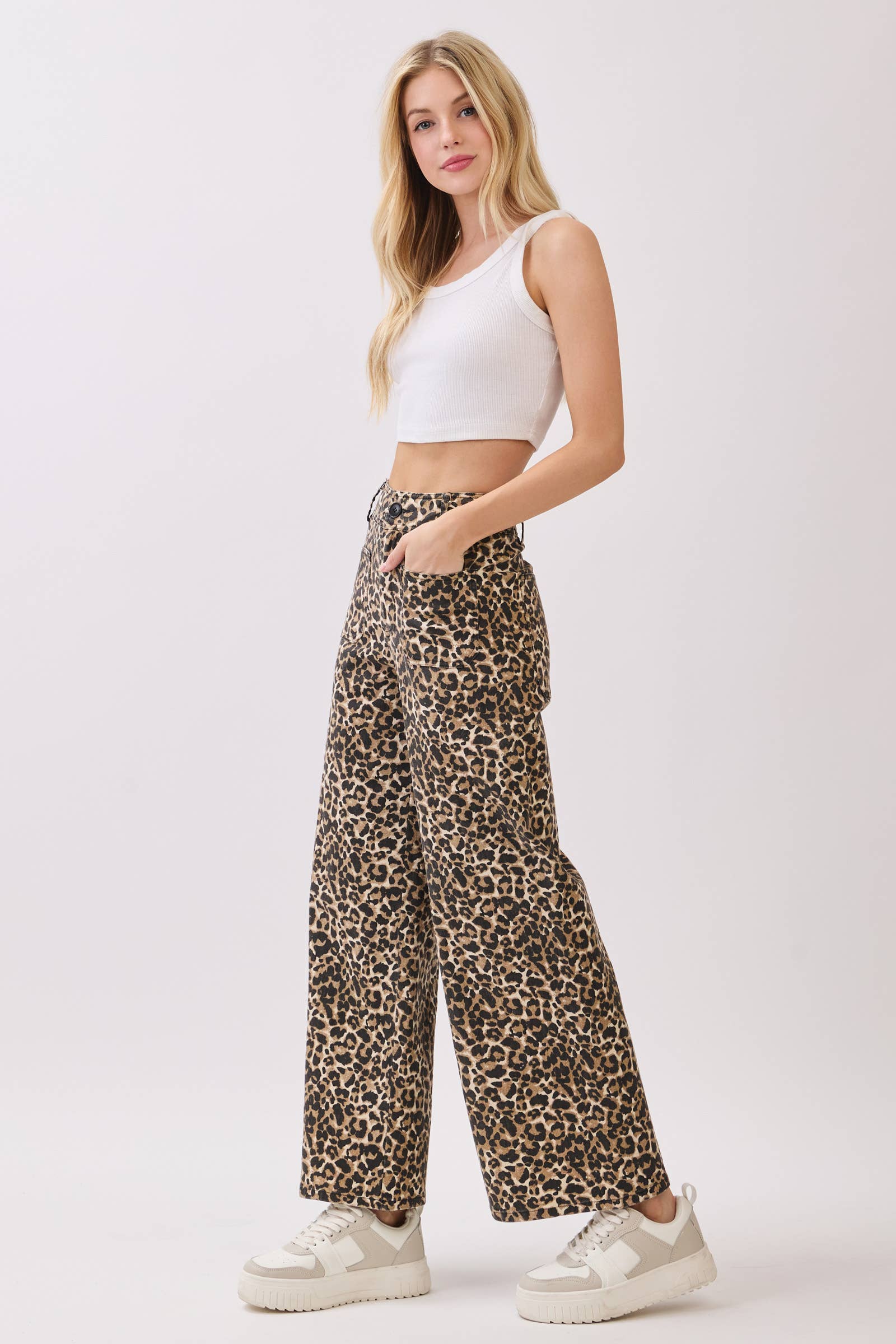 BROWN Stretch Twill Leopard Wide Leg Pants for wholesale on Faire3