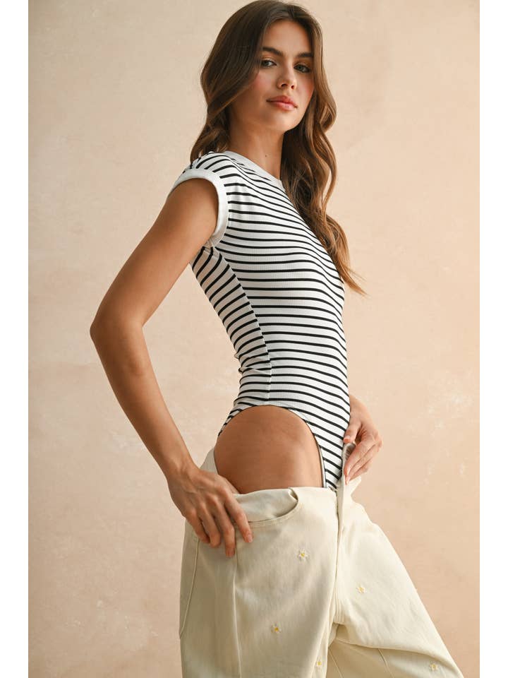 MIOU MUSE - Wholesale Bodysuit - Women's - T5298 STRIPED RIB CAP SHORT SLEEVE BODYSUIT