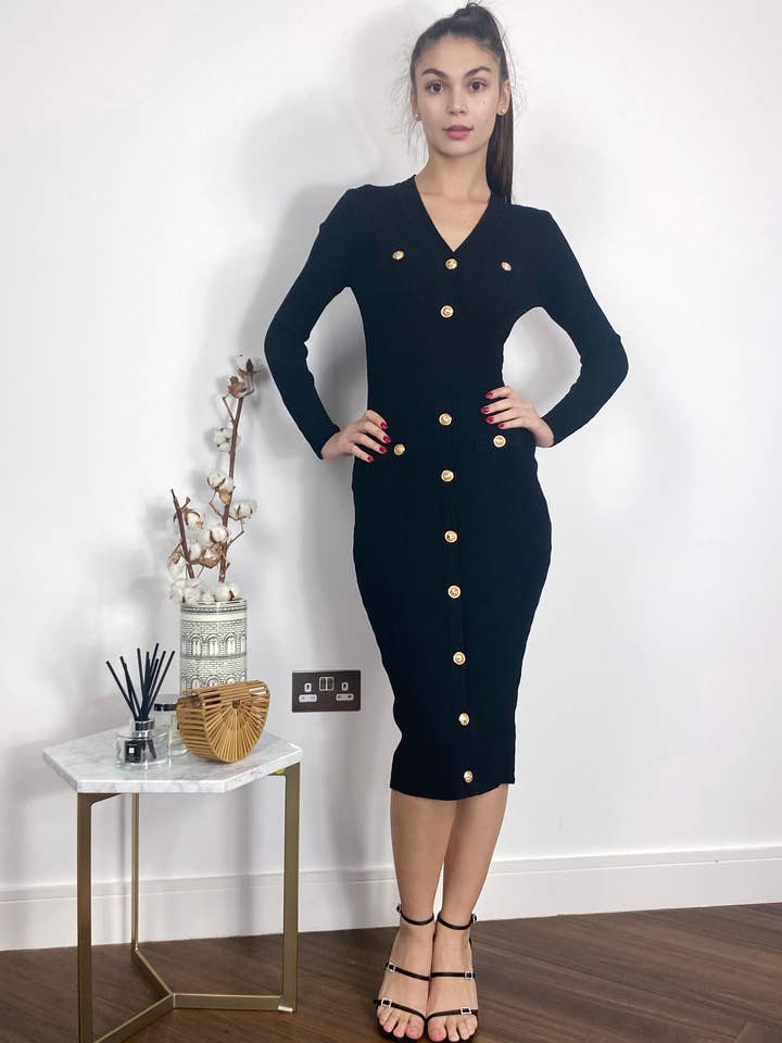 CY FASHION. LONDON – Engroshandel Kjole - Dame – Lange ærmer Knapper Design Midi bodycon kjole i sort