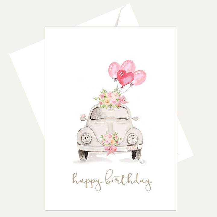 Happy Birthday - Watercolor - VW Bug Pink Balloons Card for wholesale by Bellflower Girl