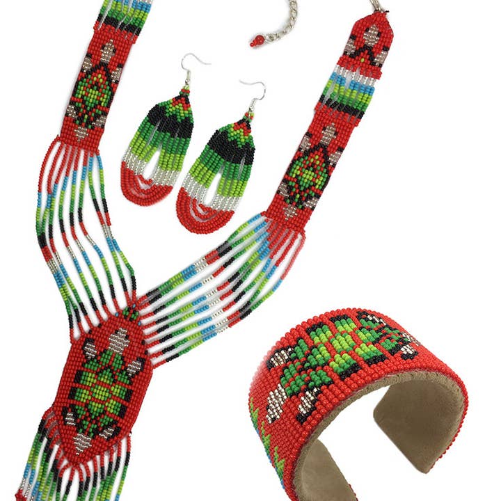 Ensemble collier et boucles d'oreilles tortue style autochtone fait main - Rouge Vert pour la vente par BEADS CORNER