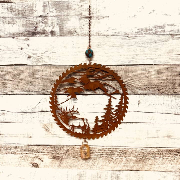 Universal Ironworks USA - Wholesale Bell - Saw Blade with Elk Scene Rustic lodge Montana Bell Chime