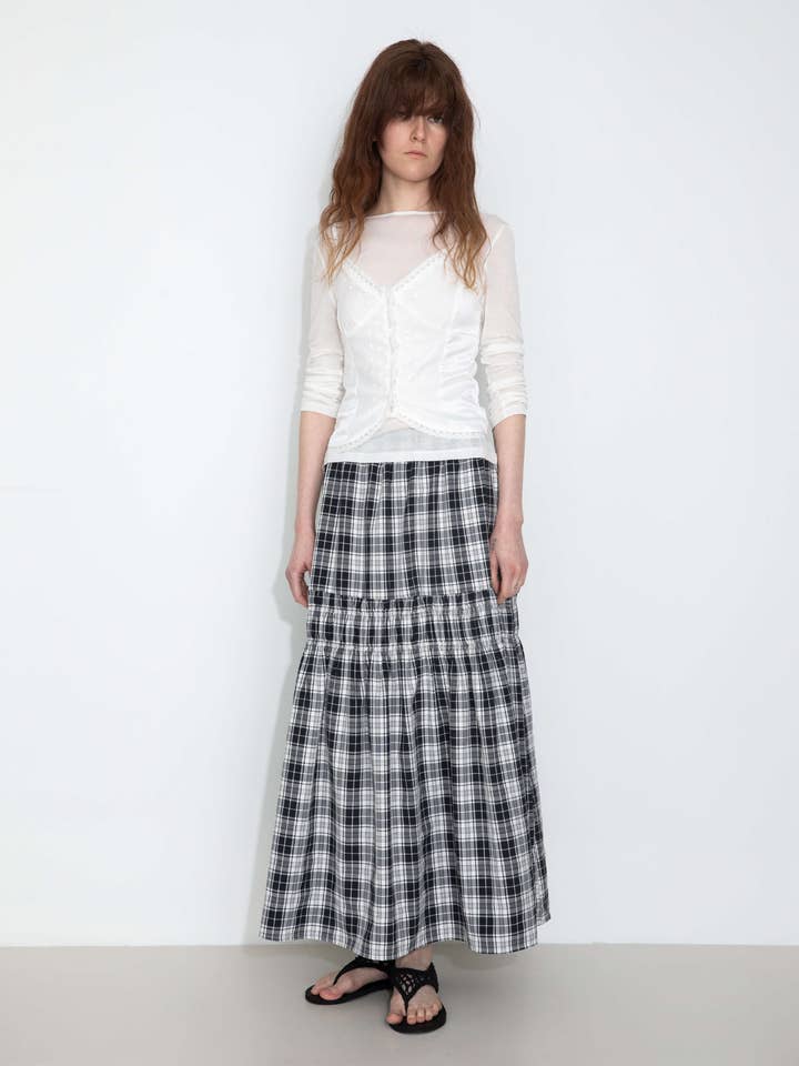 CUBIC - Wholesale Skirt - Women's - Elastic Drawstring High Waist Checked Skirt15
