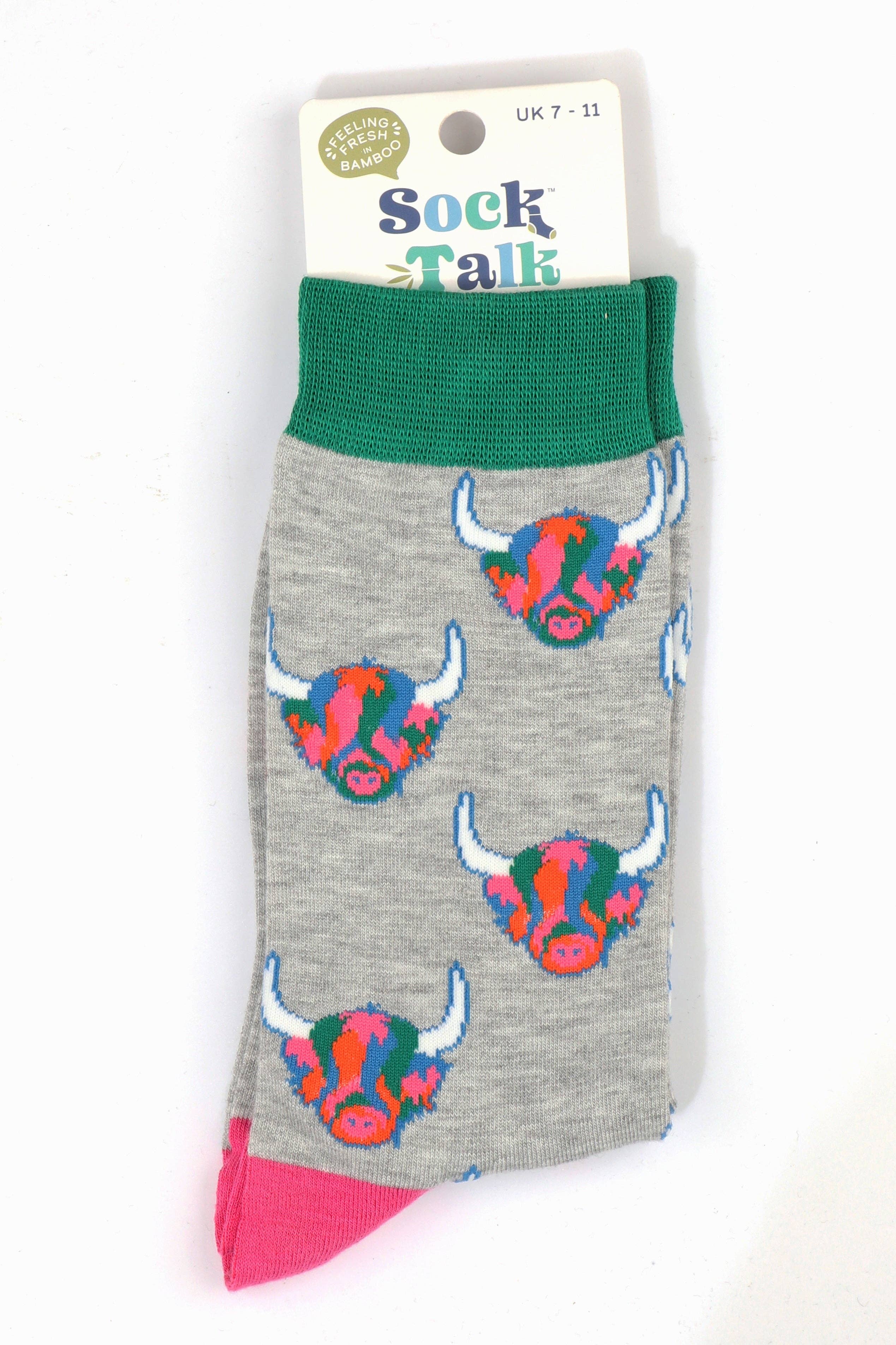 Sock Talk - Wholesale Socks - Men's - Men's Rainbow Highland Cow Print Bamboo Socks in Grey2