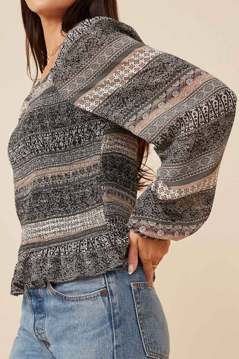 Black Womens Mixed Print Smocked Square Neck Top for wholesale on Faire2