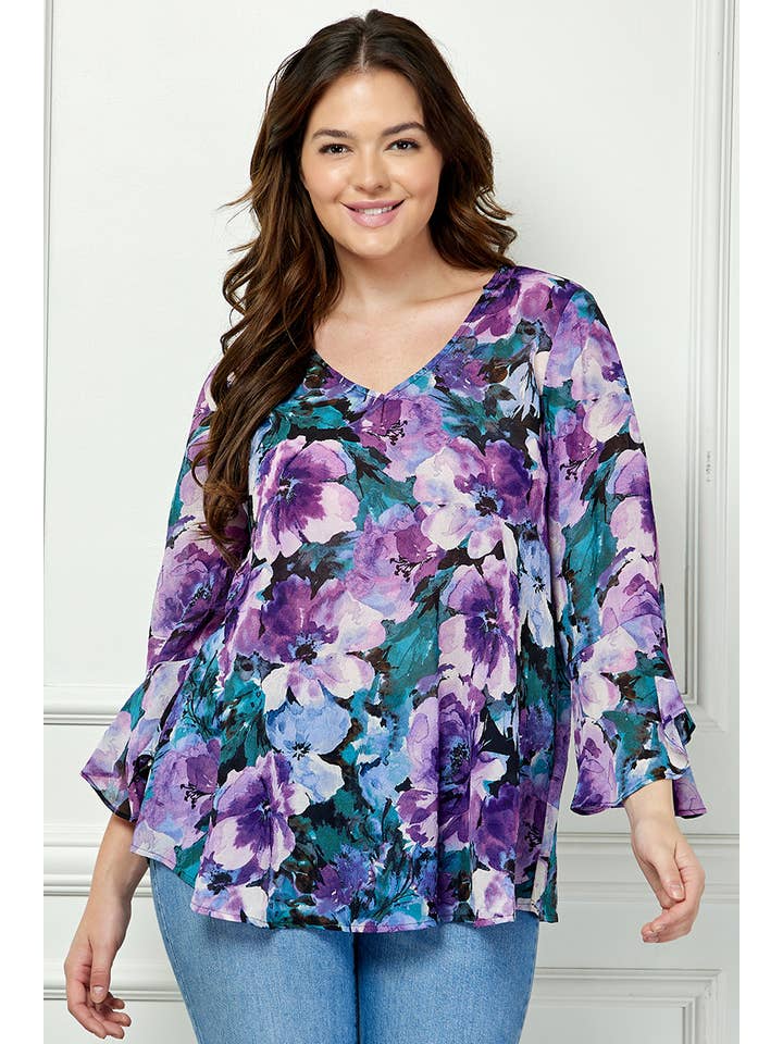 Navy Purple Teal PLUS SIZE RUFFLE SLEEVE V-NECK SWING BLOUSE for wholesale on Faire