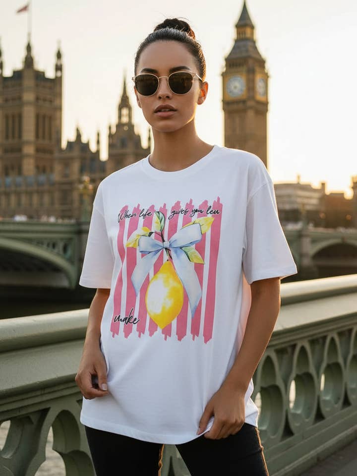 T-shirt stampata con limone e testo - PR8820 per la vendita all'ingrosso da parte di Amy & Clo Invogue