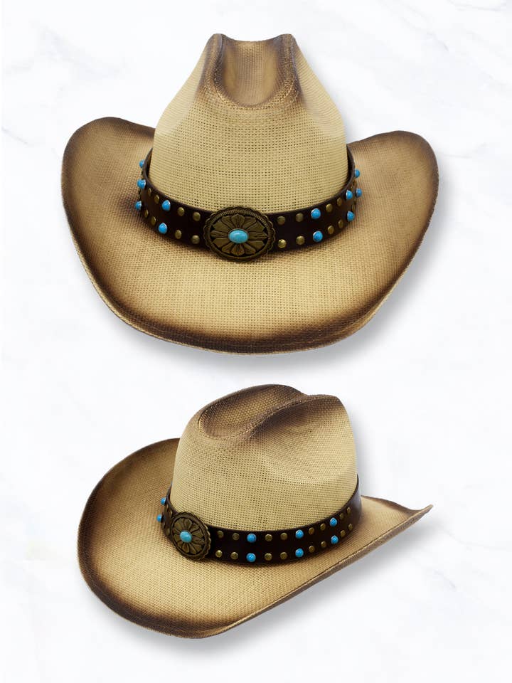 Woven Cowboy Hat with Turquoise Studded Belt for wholesale by Suzie Q USA
