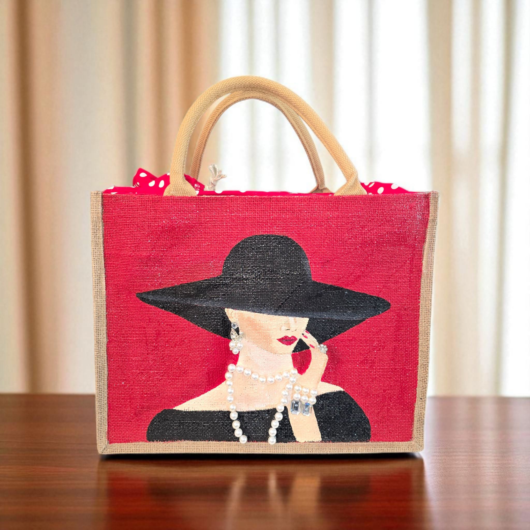 Dana's Uncommon Glass - Wholesale Tote Bag - Women's - Hand-Painted Jute Tote – Elegant Lady in Hat – Pearl Accents6
