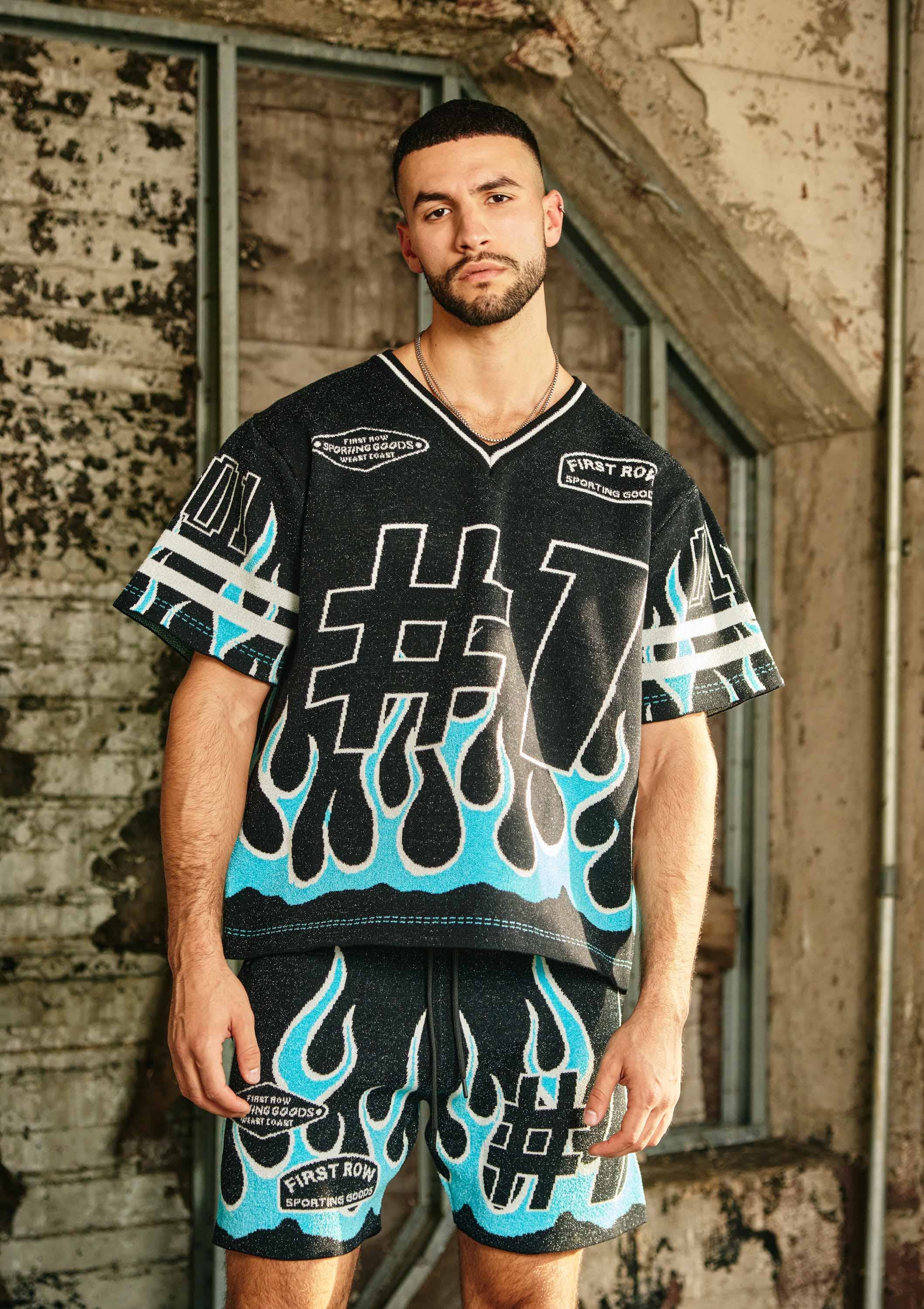 Black FLAME VARSITY JACQUARD KNIT TEE for wholesale on Faire2