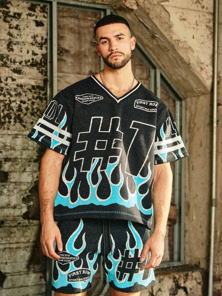 Black FLAME VARSITY JACQUARD KNIT TEE for wholesale on Faire2