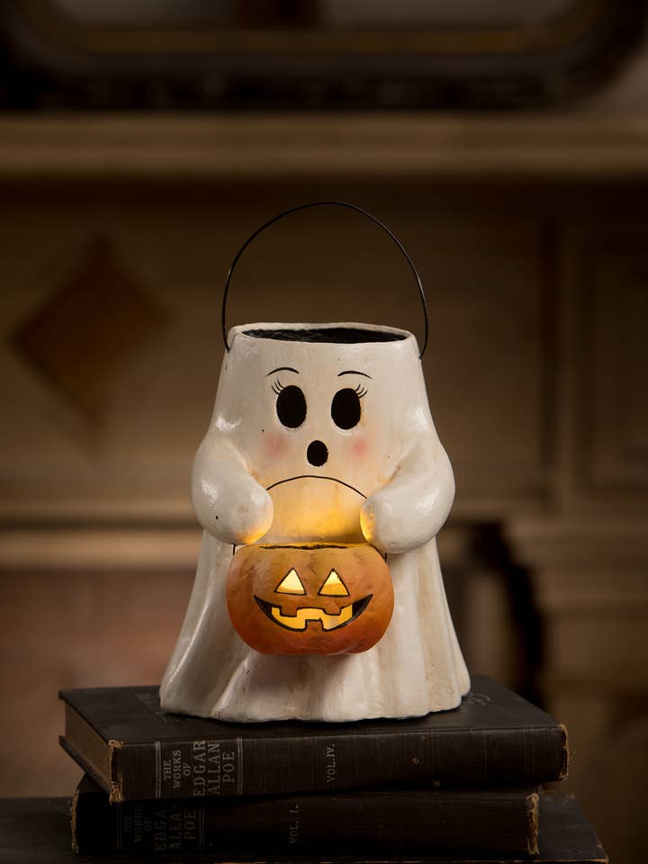 Sweet Boo With Pumpkin Bucket Paper Mache for wholesale by Bethany Lowe Designs