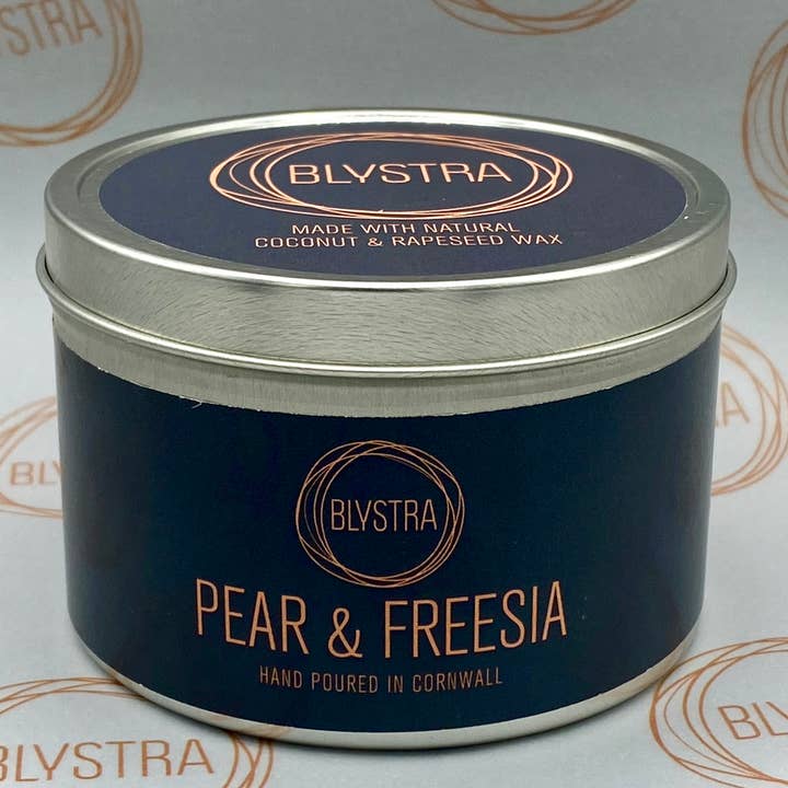 Pear & Freesia Hand-poured Tin Candle for wholesale by Blystra candles