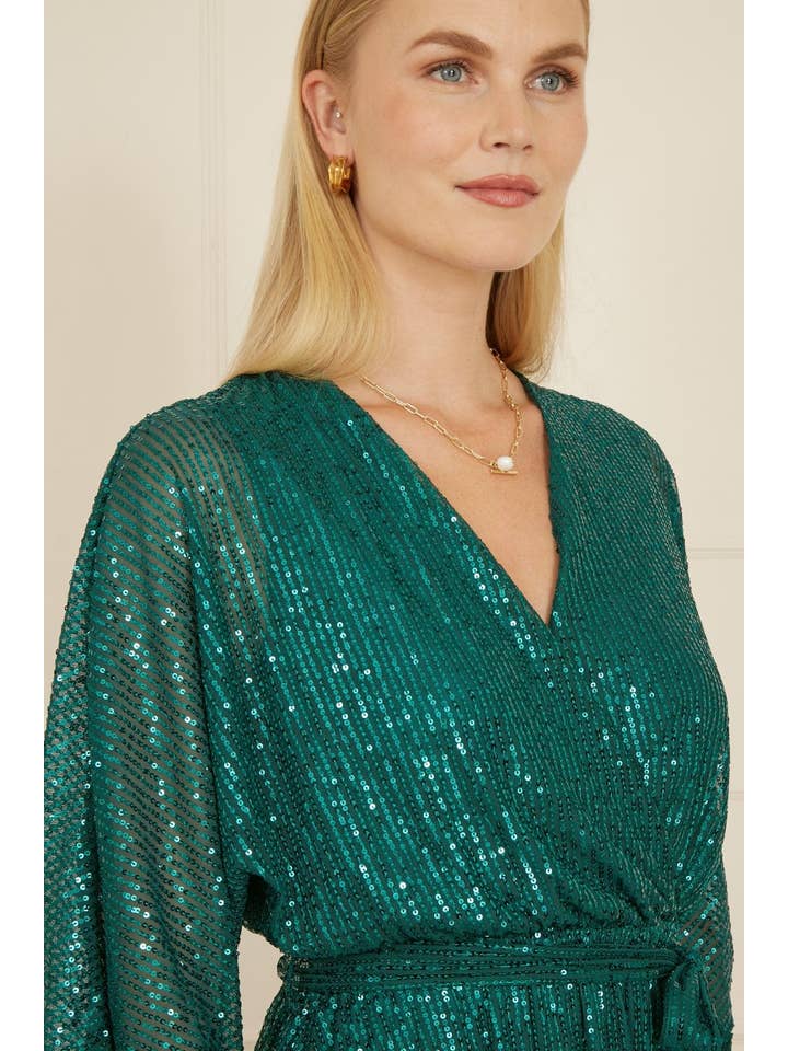 Yumi Green Sequin Kimono Midi Wrap Dress for wholesale on Faire1