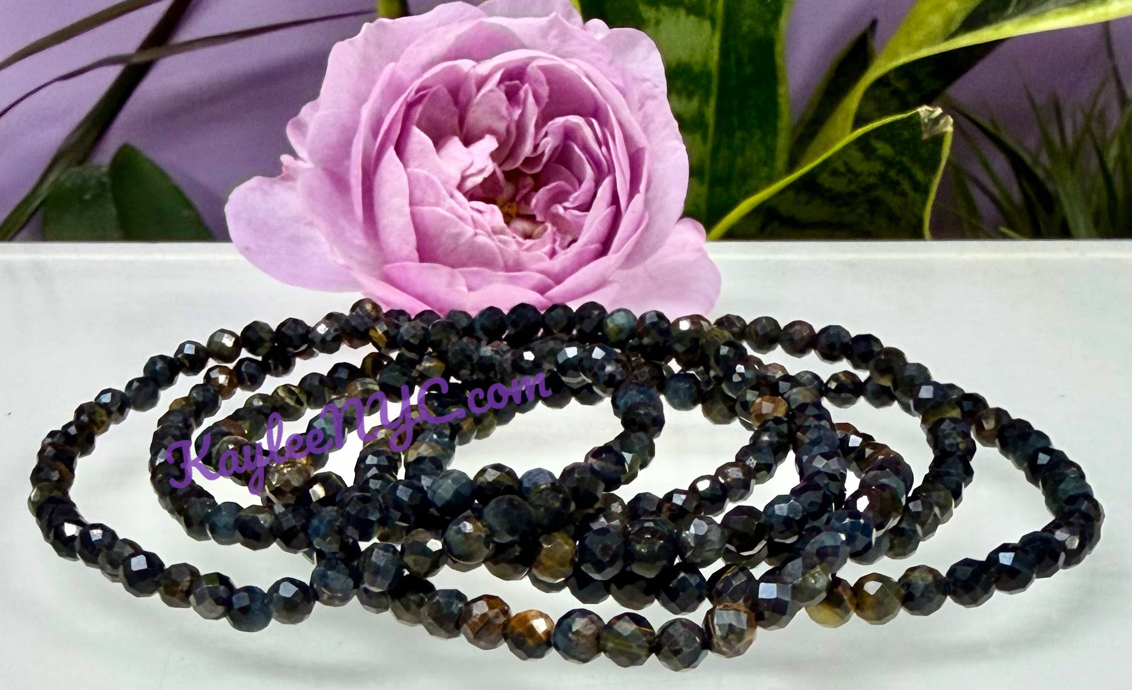 KayleeNYC - Wholesale Beaded Bracelet - Natural Faceted Blue Tiger 4mm 7.5” Crystal Bracelets0