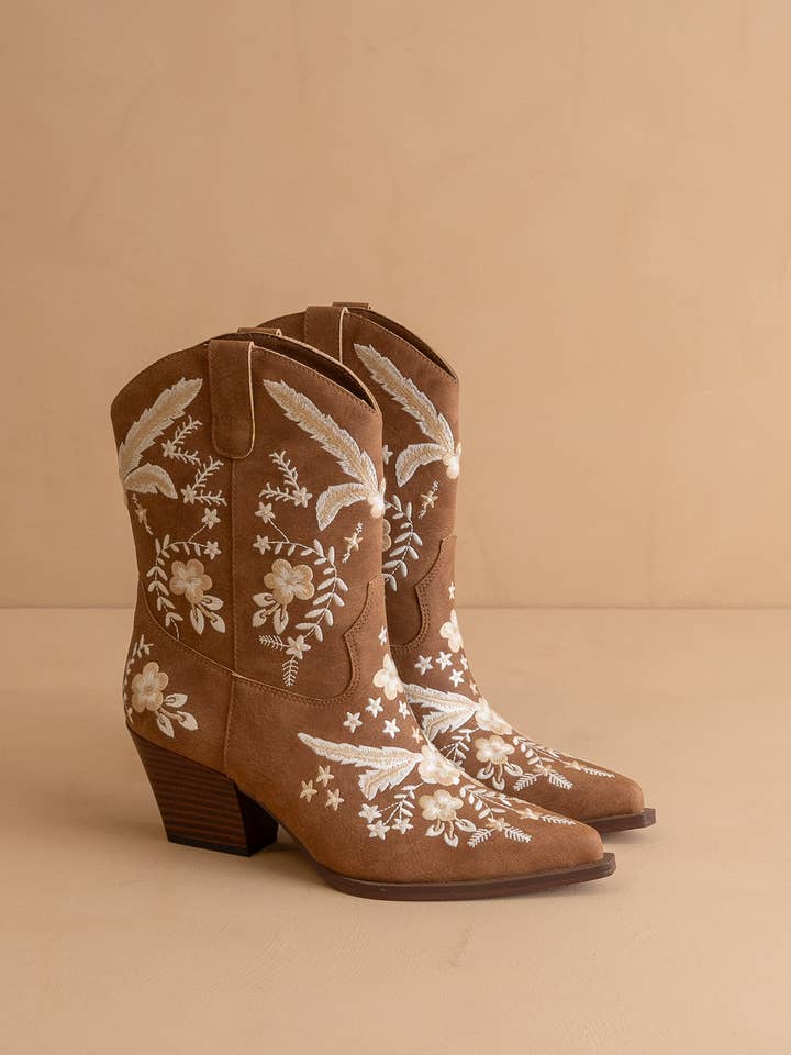 The Bailey | Cocoa Embroidered Cowboy Bootie for wholesale on Faire