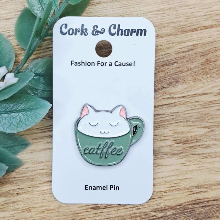 White Cat Catfee Coffee Enamel Pin for wholesale by Cork and Charm