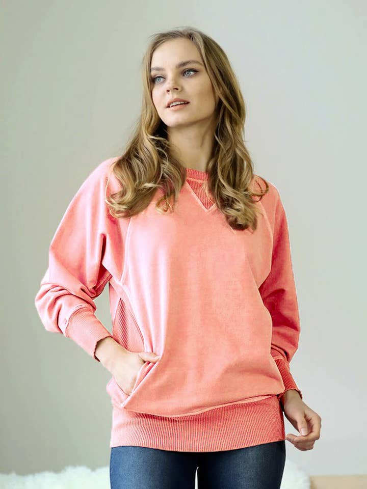 Pullover en molleton français lavé avec poches latérales SI-23599 pour la vente par 42POPS