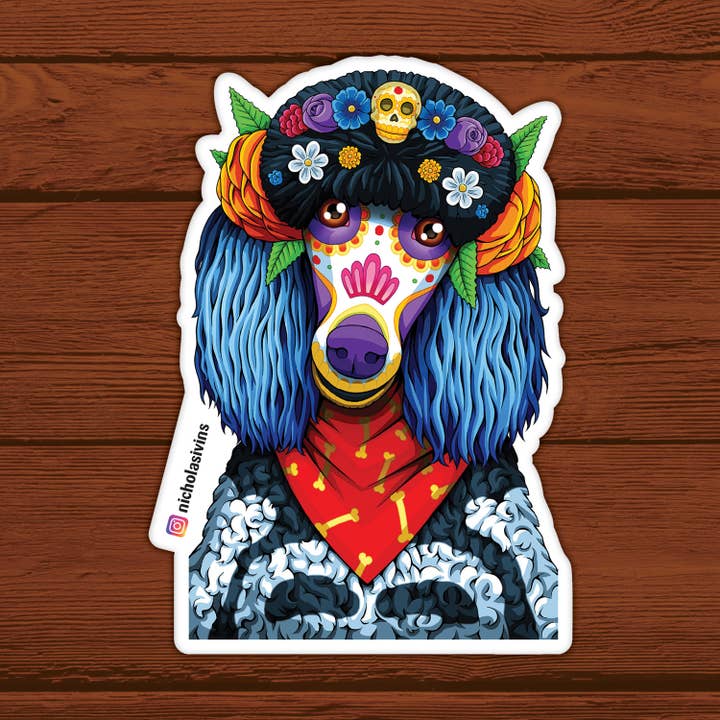 Day of the Dead Dog Poodle Sticker - “Francés" for wholesale by Nicholas Ivins Art & Illustration