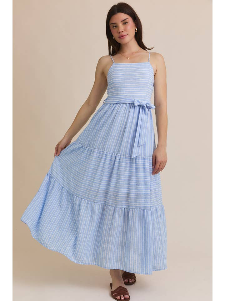 S.P.G STRAP WAIST TIE TIRED STRIPE MAXI DRESS for wholesale on Faire