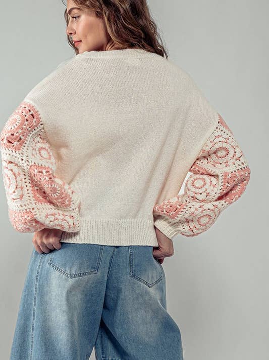 IVORY Quilt Blocked Sleeve Crewneck Sweater for wholesale on Faire
