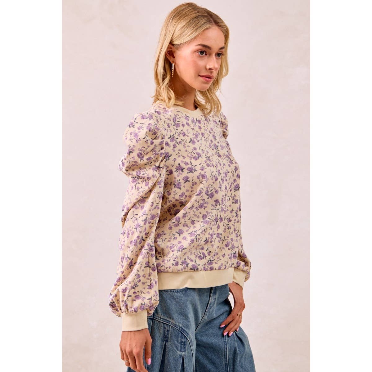 CREAM LAVENDER FLORAL PRINTED CORDUROY TOP for wholesale on Faire1
