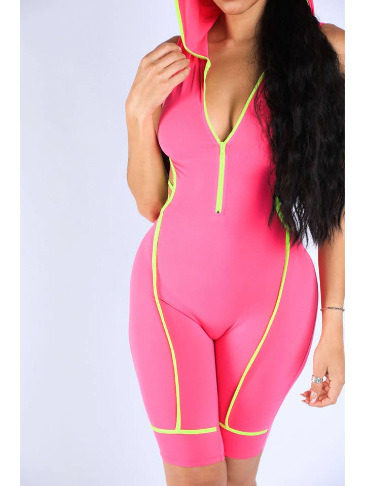 K Too - Wholesale Romper - Women's - Semi Zip-Up Spaghetti Line Hoodie Romper3