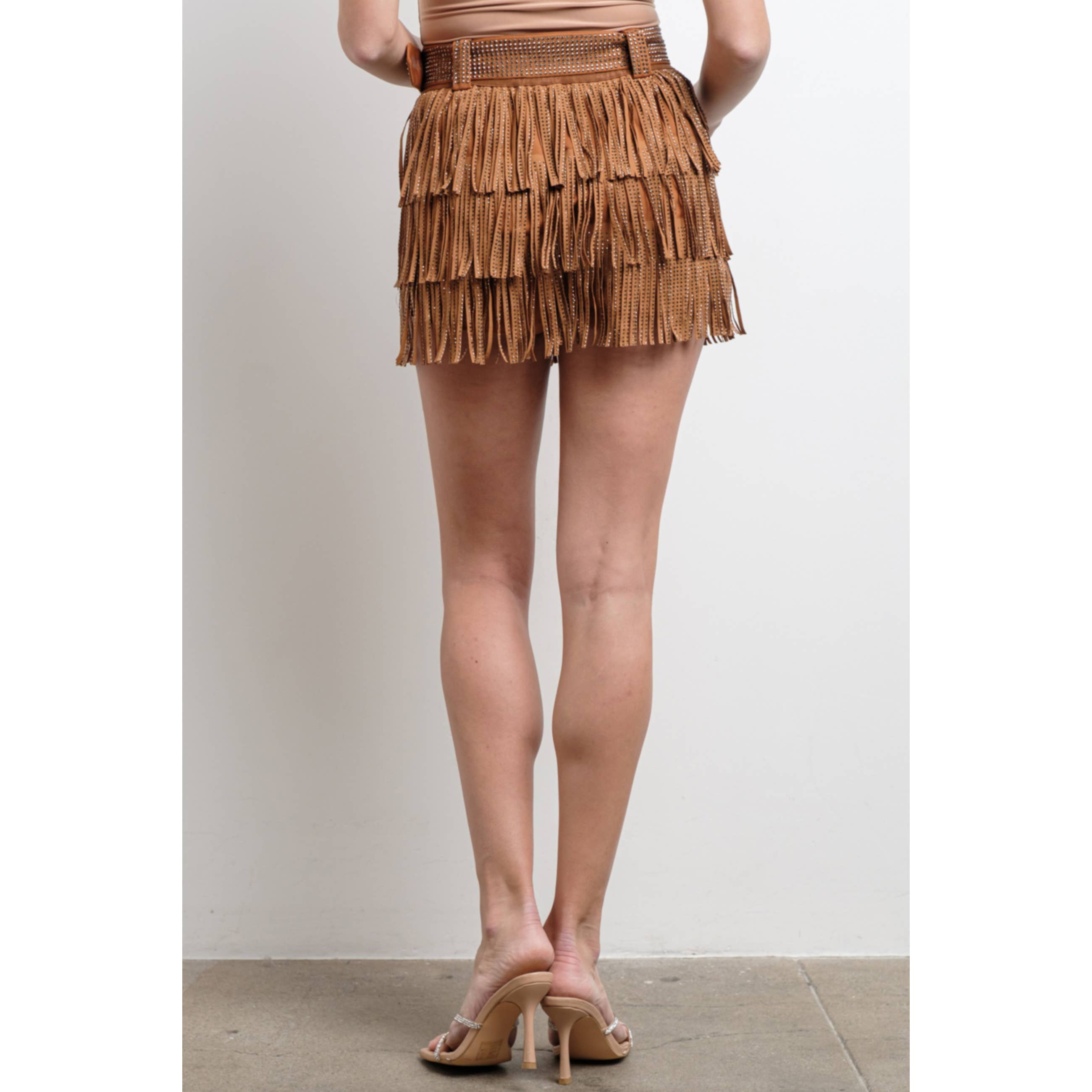 KIWI - Vente Jupe-short – femme - Jupe-culotte western en suédine avec franges et strass gris anthracite26