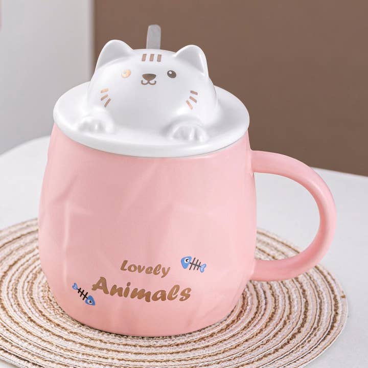 Adorable Cat 14oz Mug With Lid and Straw Pink for wholesale by Urban Tokyo