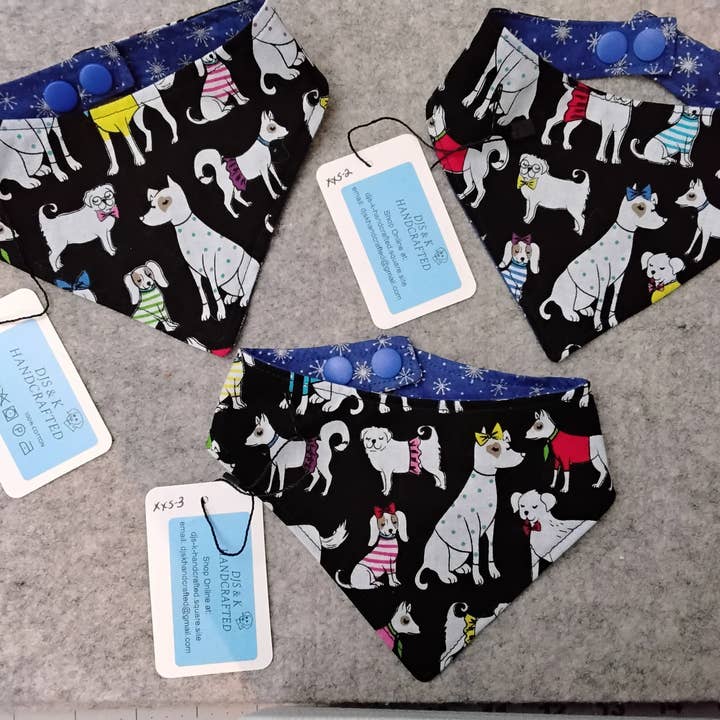 Dogs with Bows on Black w/small snowflakes on blue for wholesale by DJS & K Handcrafted