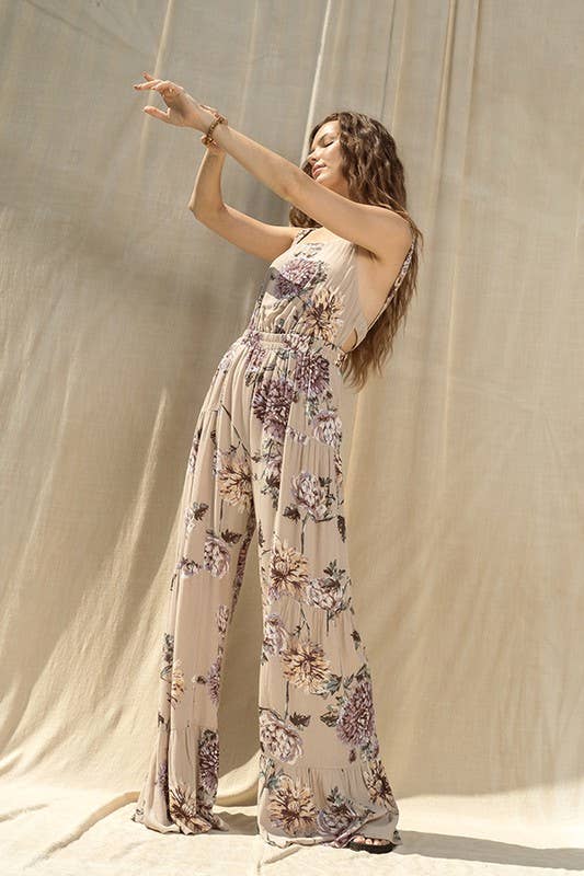 Taupe Floral Print Wide Leg Jumpsuit for wholesale on Faire3