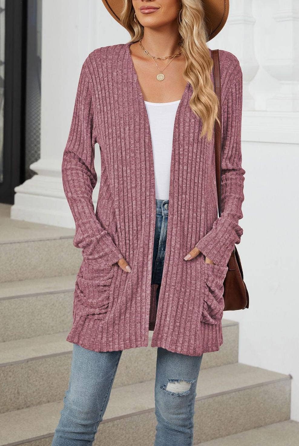 FULL TIME PURCHASE - Vente Cardigan – femme - Gilet en maille uni à manches longues avec poches8