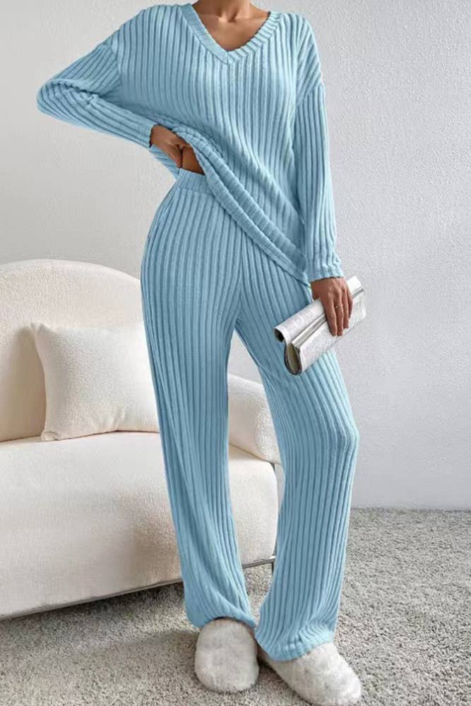 UNISHE - Wholesale Lounge Set - Women's - Plain V Neck Rib Long Sleeves Top With Pants 2pcs Set ZK56011