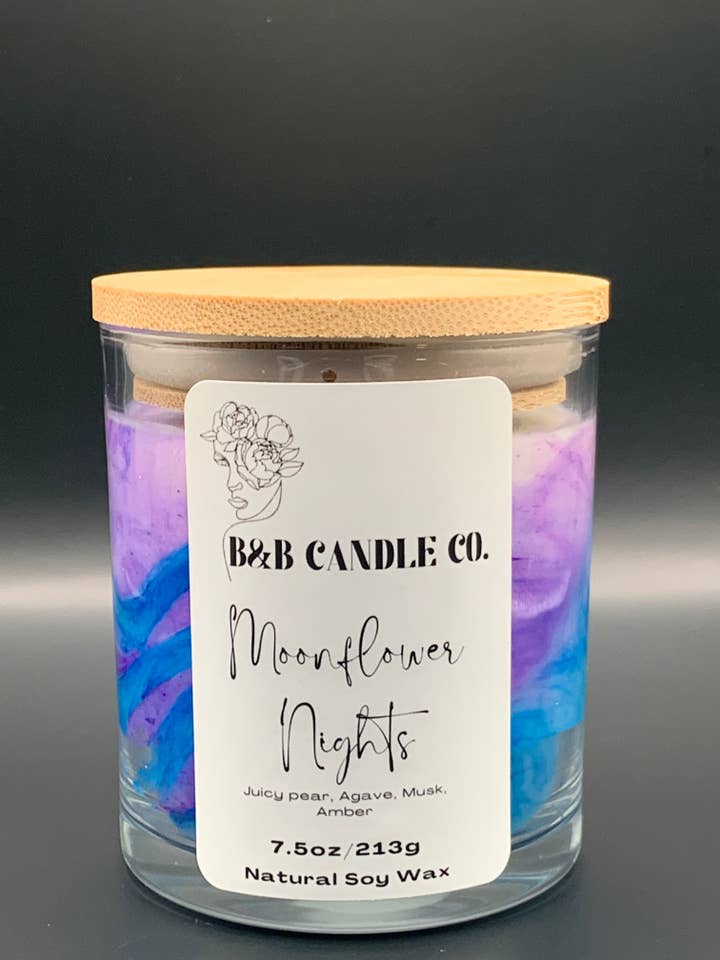 Mondblumen-Nächte 7,5 oz Duftkerze Jasmin Vanille Amber Birne Aromatherapie für den Großhandel von B&B Candle Co.