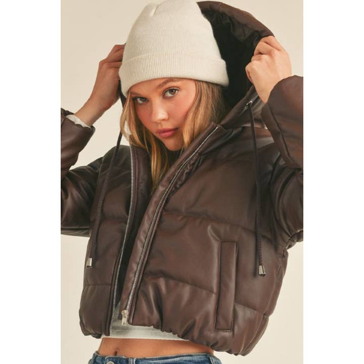 Hooded Faux Leather PU Crop Puffer Jacket for wholesale by UP CLOTHING