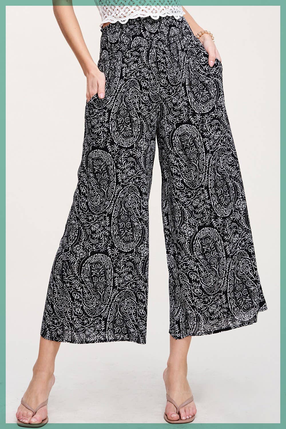La Miel - Wholesale Pants - Women's - JCP4225-Boho Paisley Print Wide Leg Flowy Pants with Pockets28