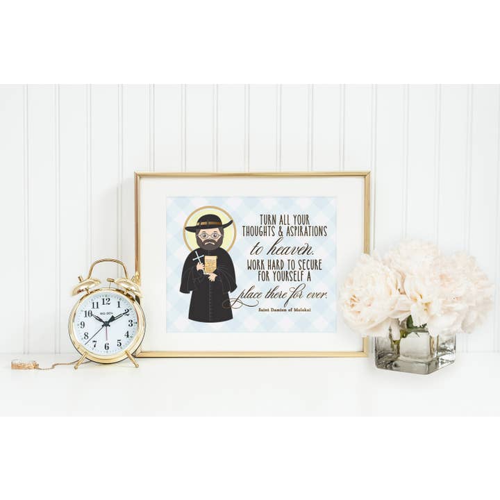 Saint Damien of Molokai poster print. Saint Damien Wall Art Poster. First Communion. Saint Damien Prayer Print. Kids Catholic Prayer Poster. for wholesale by Meyer Market Designs