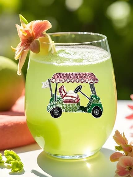 Golf Cart Stemless Wine Glass for wholesale by The Queens' Jewels®