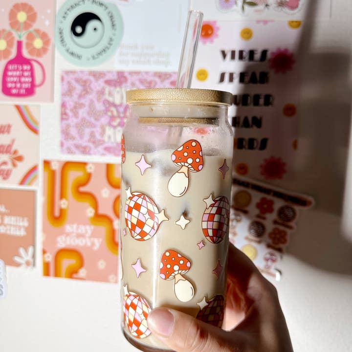 Disco Mushroom Branded Glass Cup for wholesale by amarieacreates