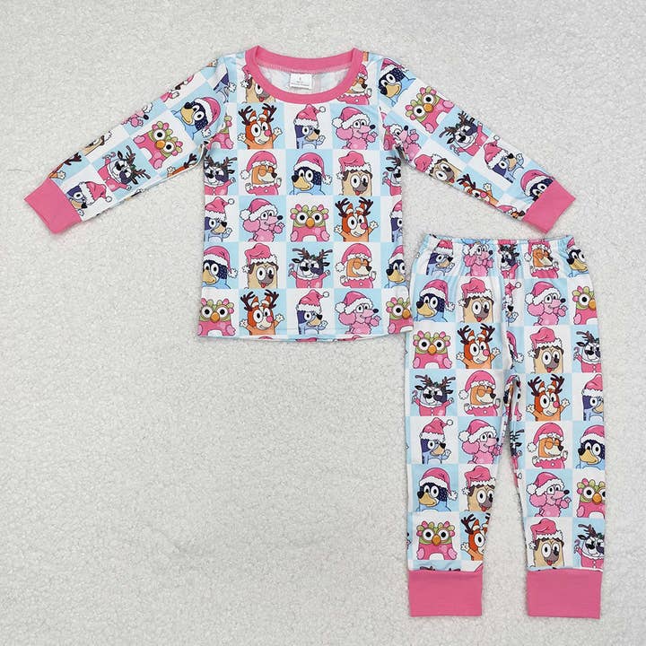 Aier Wholesale - Wholesale Sleepwear Set - Kids - Baby Girls Christmas Dogs Pink Top Pants Pajamas Clothes Sets