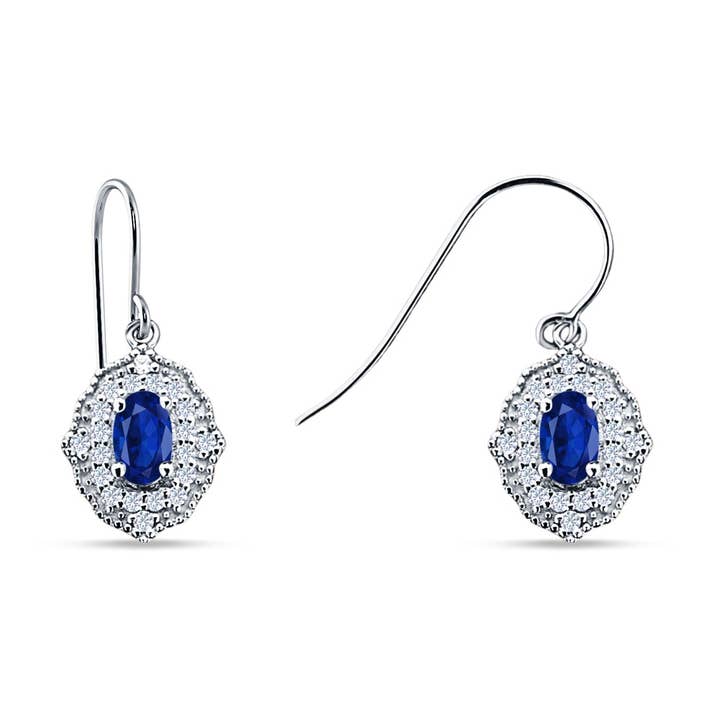 Halo Oval Fishhook Earring Simulated Blue Sapphire for wholesale by Blue Apple Imports