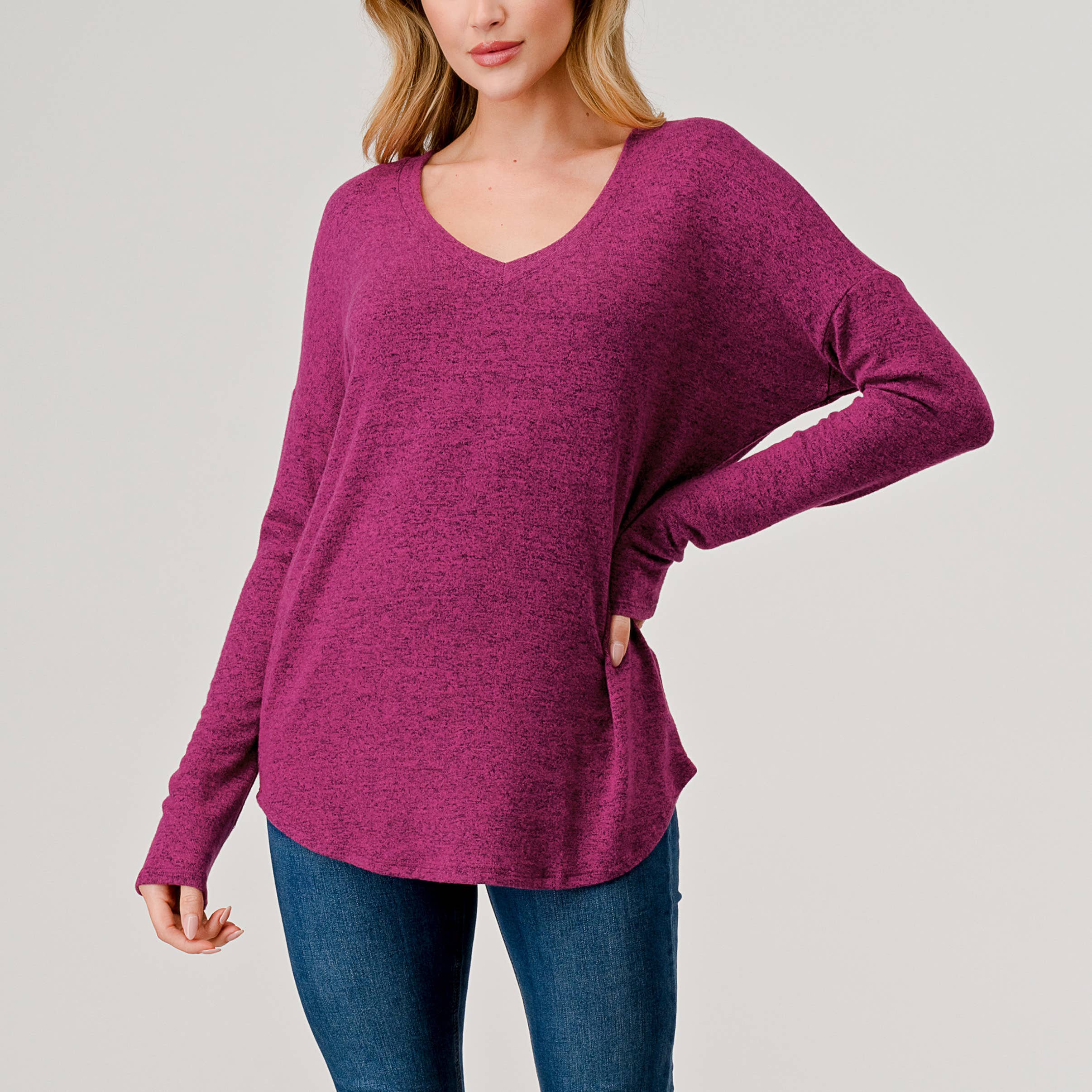 Heimious - Wholesale Knit Top - Women's - Long Sleeve V-neck Brushed Knit Top, 27385