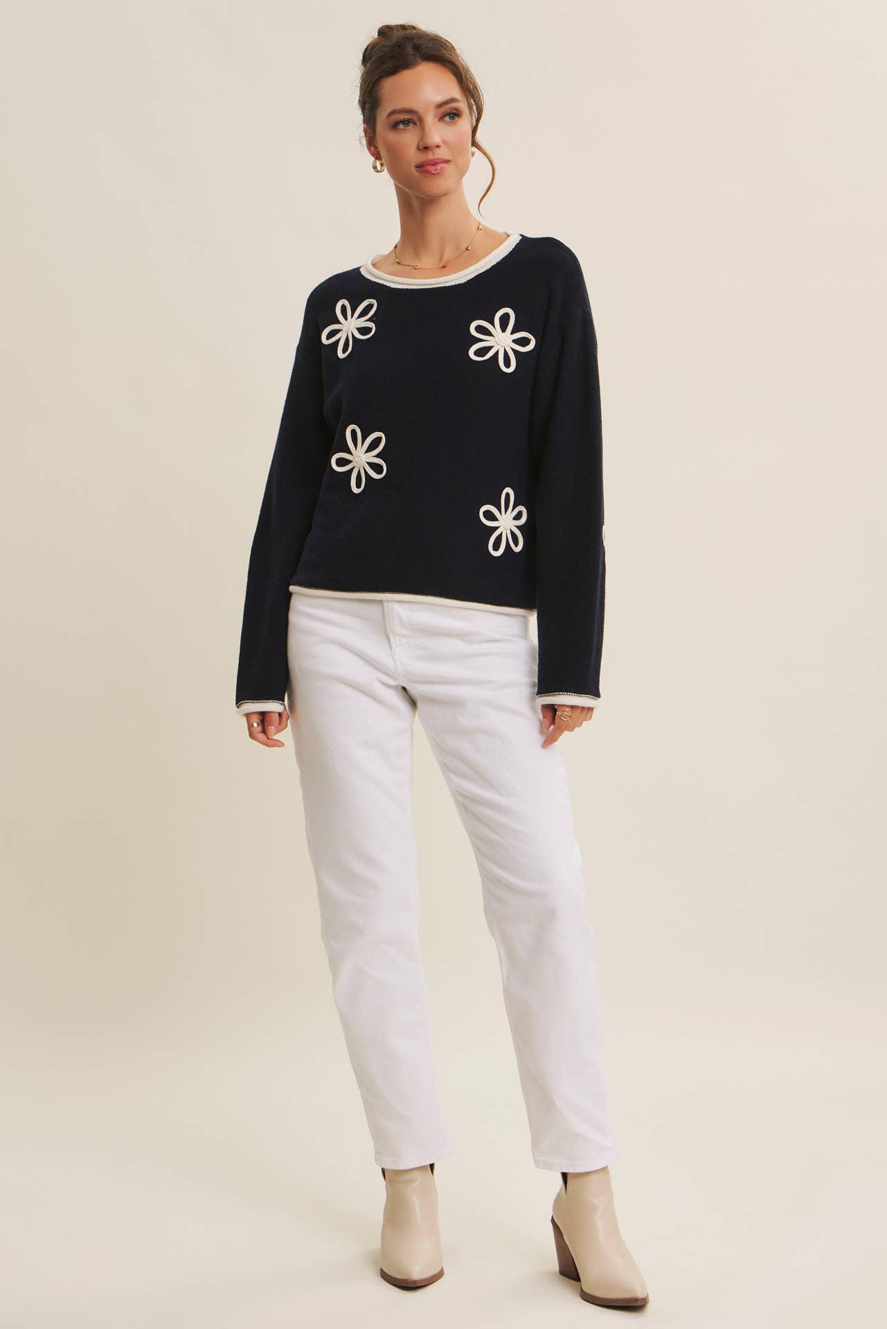 in february - Wholesale Knit Sweater - Women's - EFFORTLESS COMFORT CONTRAST FLORAL APPLIQUE SOFT SWEATER25