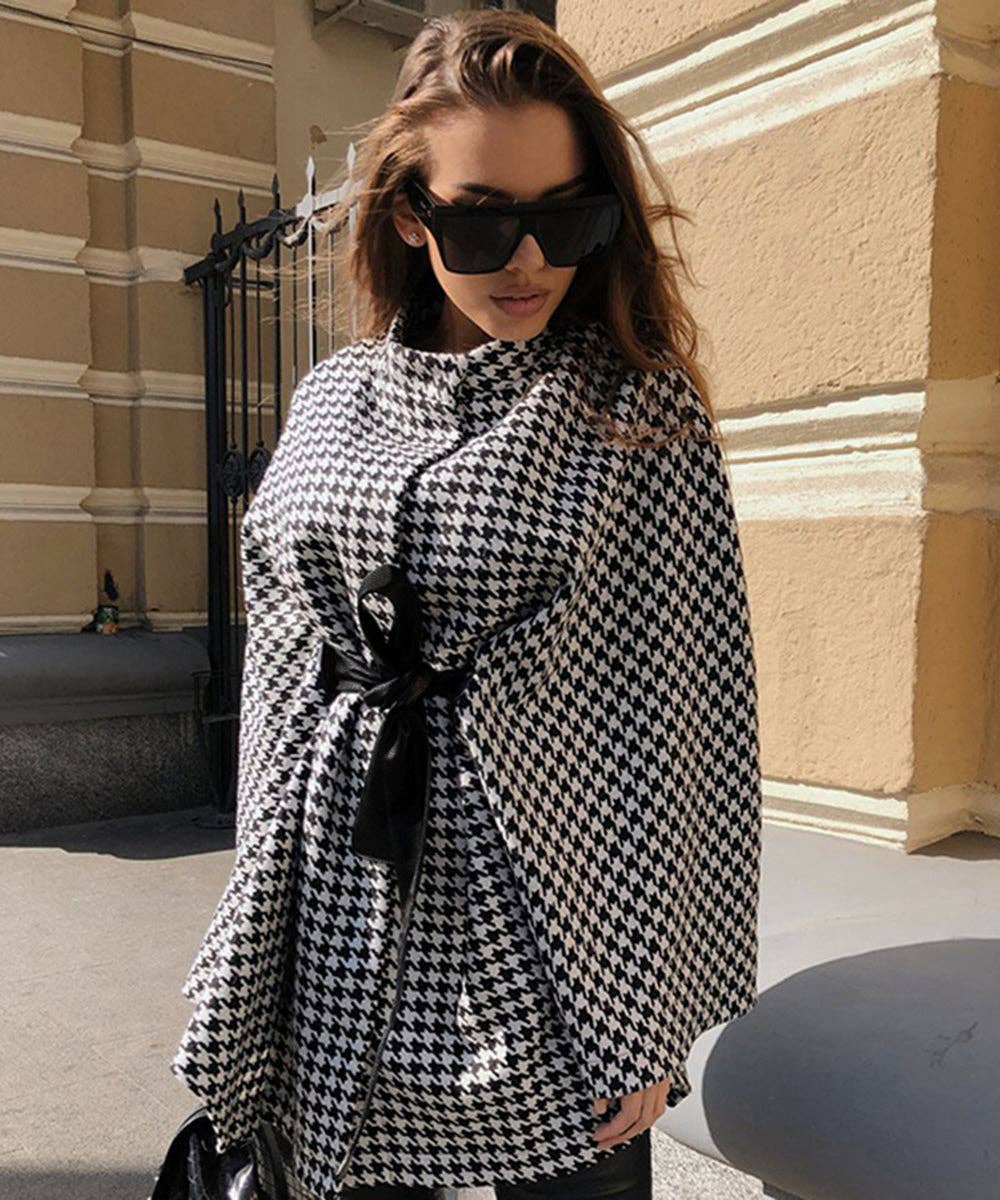 Gray Houndstooth Check Belted Trench Coat for wholesale on Faire5